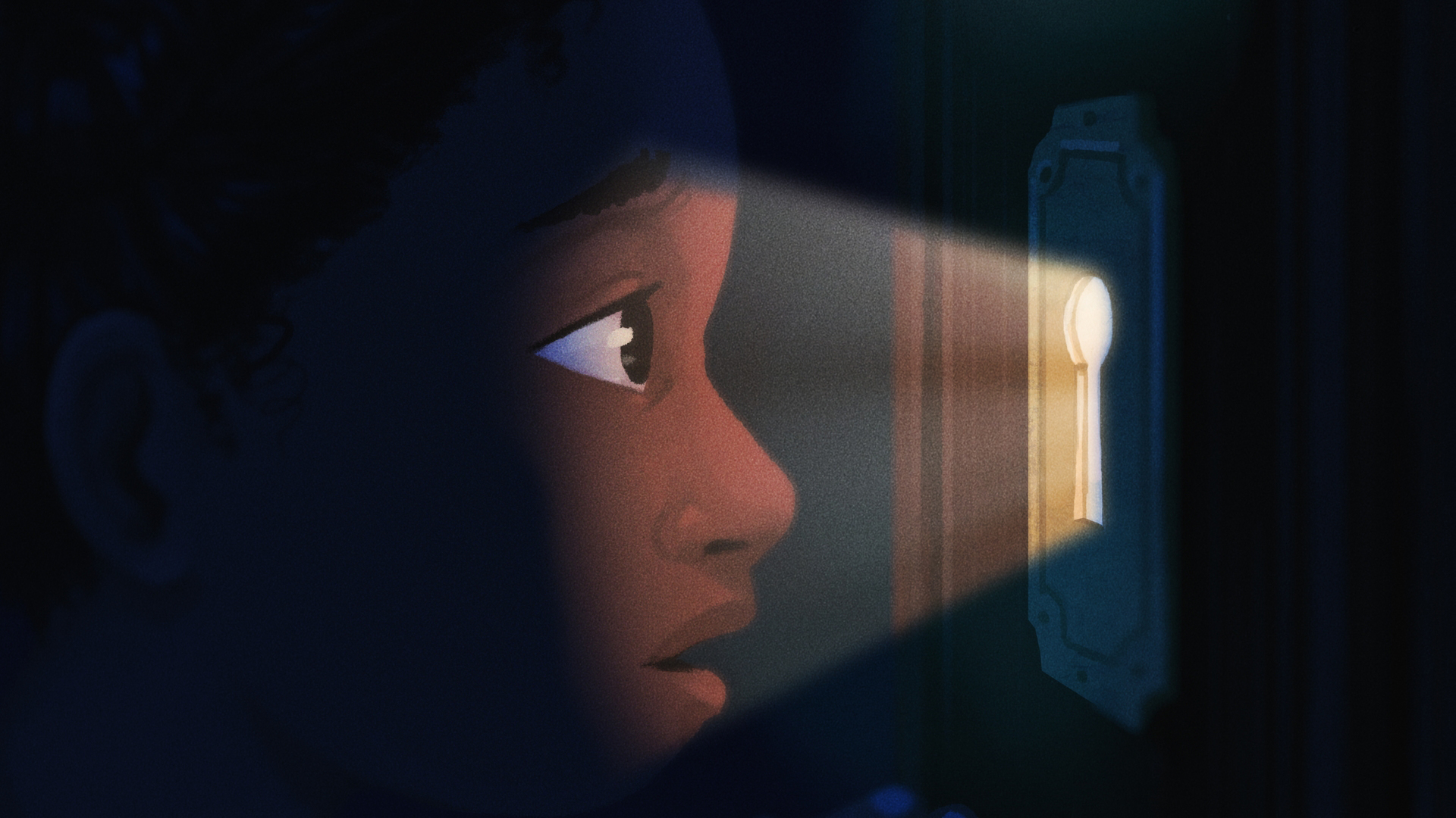 Still from "When My Sleeping Dragon Woke." Young, brown skin person looking through a key hole.